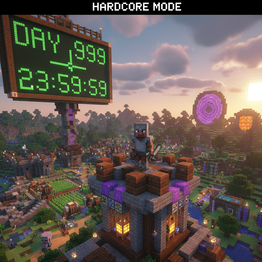 Survival Blocks Community in Minecraft hardcore mode reaching day 999 featuring a player character on a castle at sunset with a vibrant fantasy landscape and buildings.