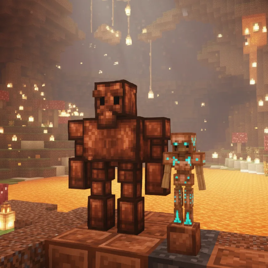 Survival Blocks Community characters stand in a vibrant gaming environment resembling a cave with glowing lights and warm hues enhancing the virtual atmosphere.
