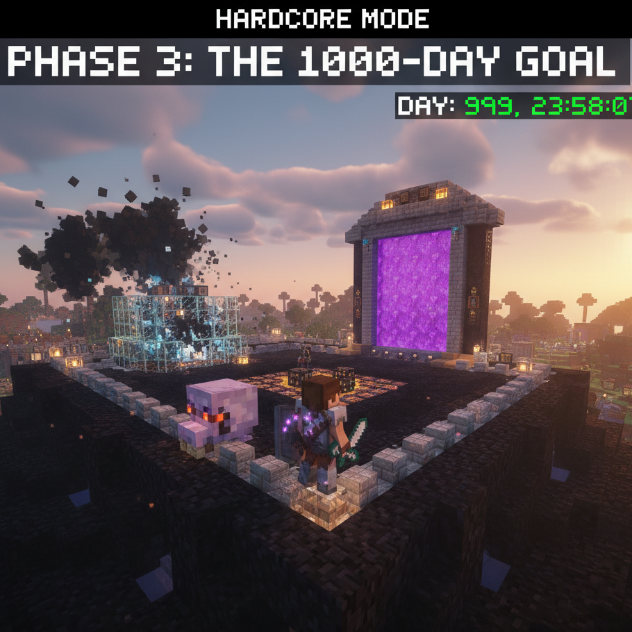 Survival Blocks Community features a Minecraft hardcore mode scene with a player on a fortified platform near a portal during phase 3 aiming for the 1000-day goal.