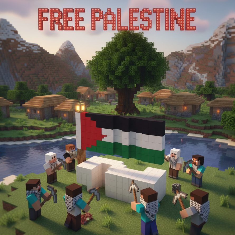 Survival Blocks Community gathers around a pixelated tree in a Minecraft-style setting with a Palestinian flag and mountains in the background as a sign of solidarity.