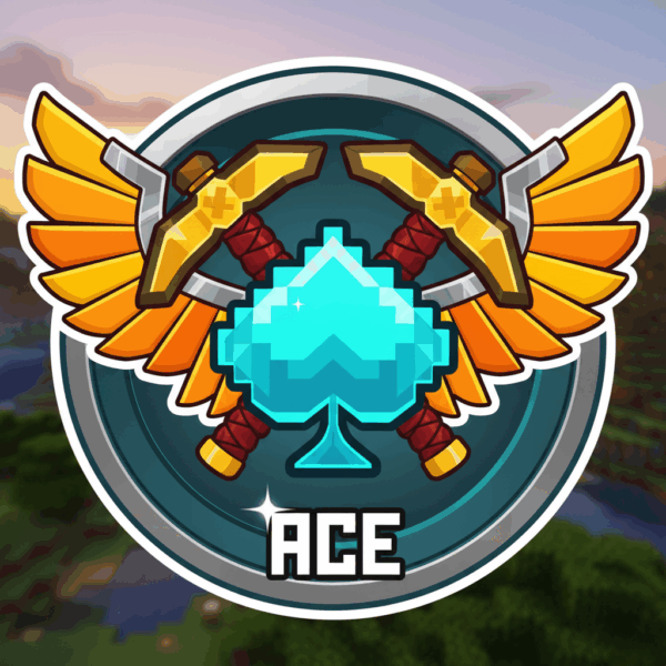 Survival Blocks Community logo features a spade icon with crossed golden axes and wings, set against a serene landscape background, highlighting gaming spirit and adventure.