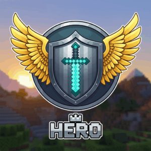 Survival Blocks Community emblem showcases a pixelated sword and shield with golden wings against a blocky landscape at sunset symbolizing adventure and heroism in gaming.