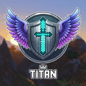 Survival Blocks Community emblem featuring a shield with a glowing sword and colorful wings against a scenic mountain background symbolizing strength and adventure in gaming.