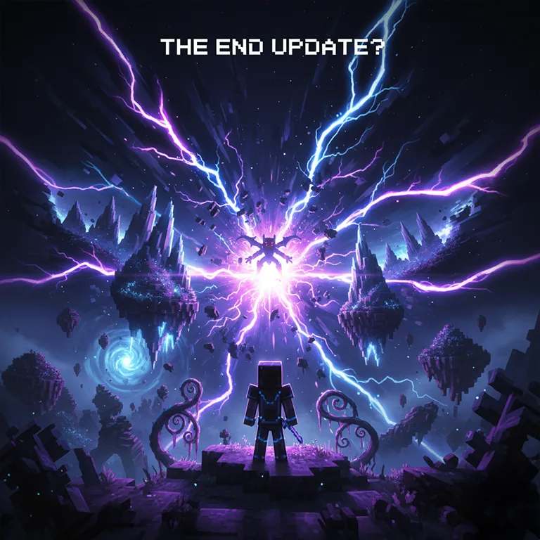 Survival Blocks Community: A pixelated figure stands under a dramatic purple lightning sky with floating islands sparking energy, representing a dynamic digital game update.
